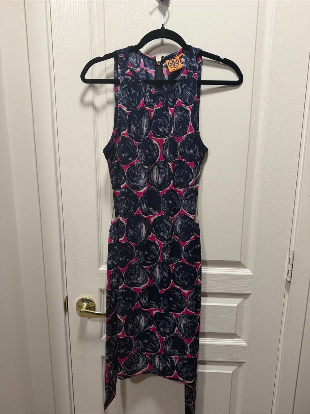 Tory Burch Navy and Pink Sleeveless Midi Dress with Abstract Circle Print